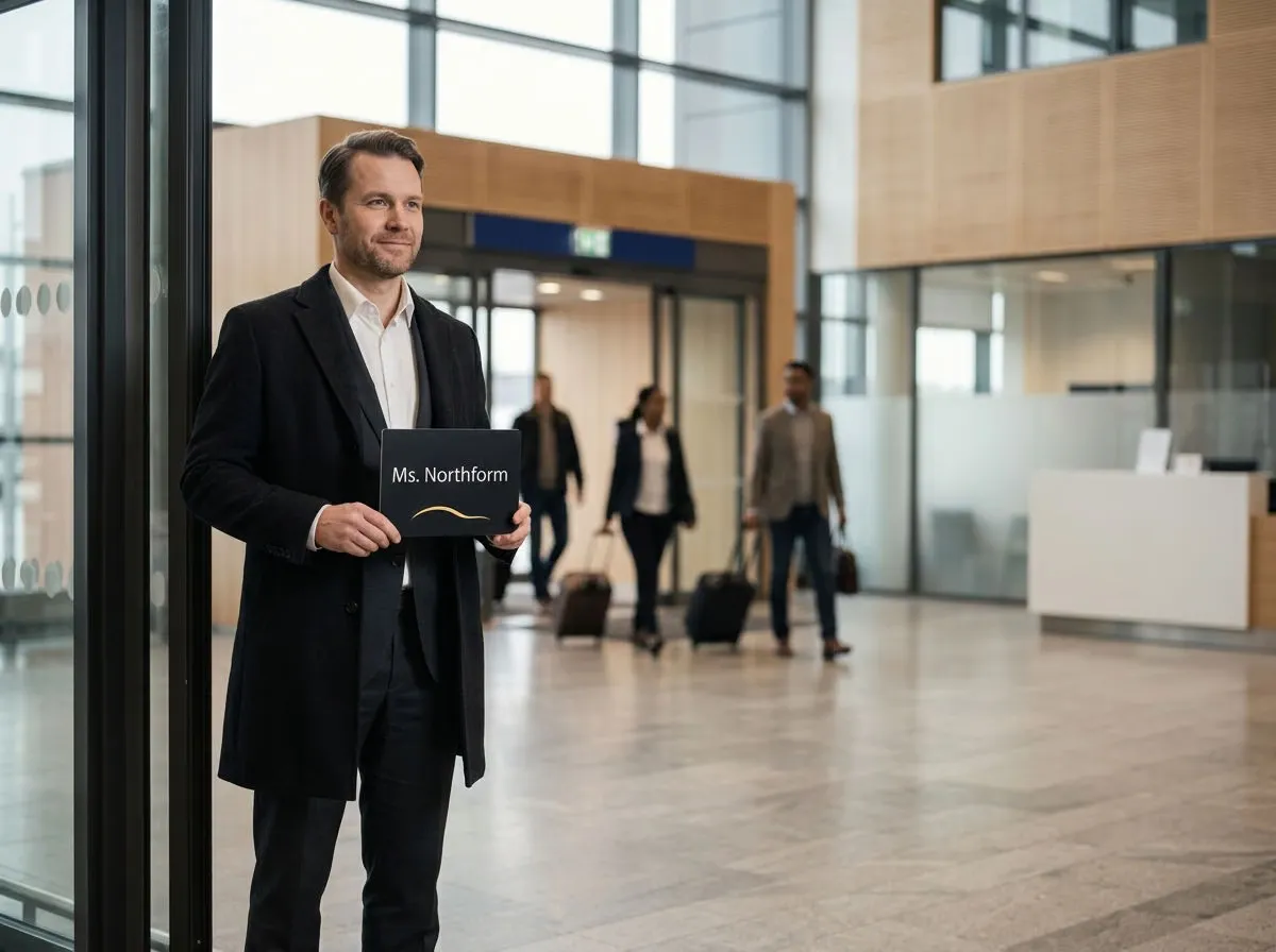 Kuljettaja odottaa vierasta nimikyltin kanssa lentoaseman tuloaulassa