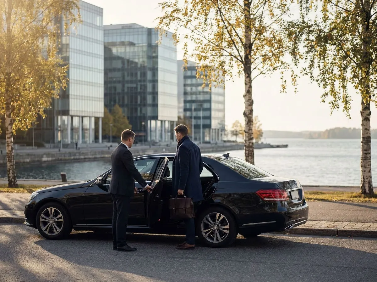 Kuljettaja avaa oven liikemiehelle mustan Mercedes-Benzin vieressä Keilaniemen toimistotalojen edessä