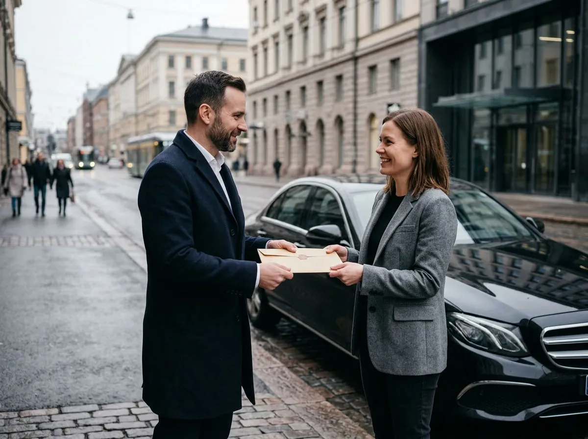 Kuljettaja ojentaa kirjekuoren vastaanottajalle mustan Mercedes-Benzin vieressä Helsingin keskustassa