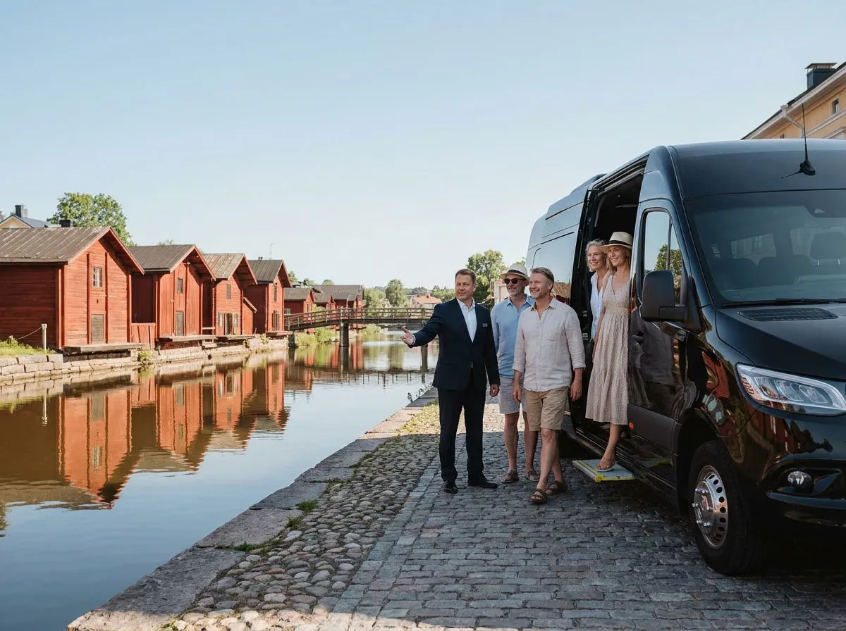 Kuljettaja esittelee Porvoon vanhoja punaisia ranta-aittoja ryhmälle VIP-minibussin vieressä