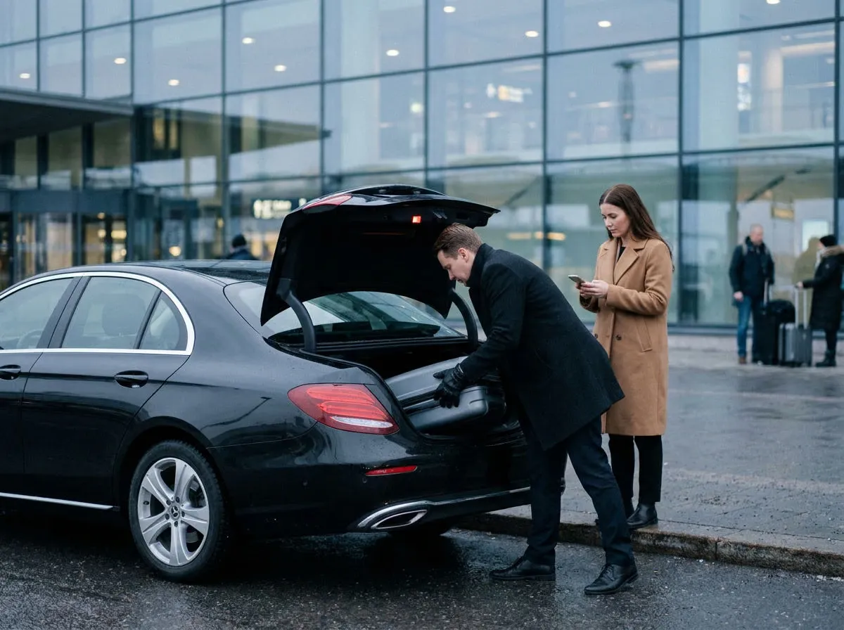 Kuljettaja nostaa matkalaukun mustan Mercedes-Benzin tavaratilaan Helsinki-Vantaan terminaalin edessä